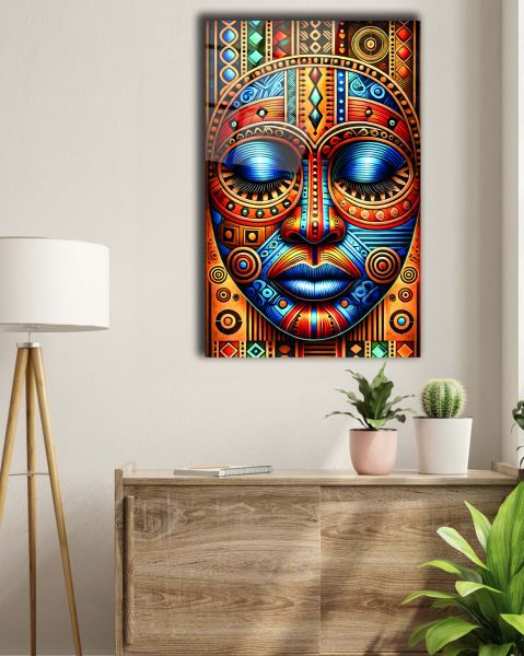 Afrika Gelenksel Maskeli Kadın Cam Tablo
