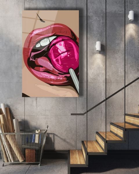Lolipop Yalayan Kadın Ağzı Cam Tablo