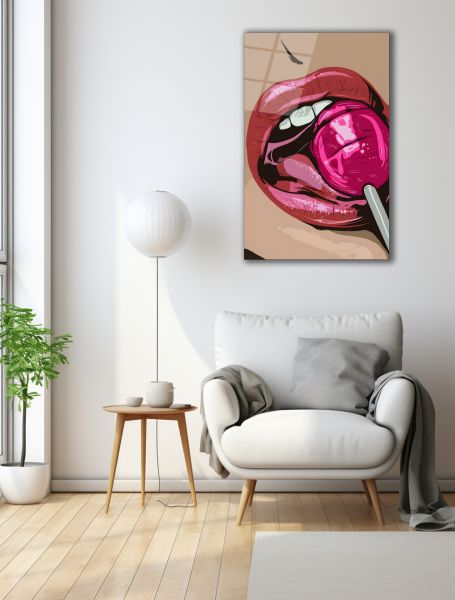 Lolipop Yalayan Kadın Ağzı Cam Tablo