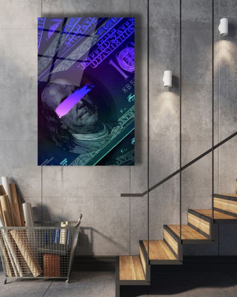 Neon Amerikan Doları Cam Tablo