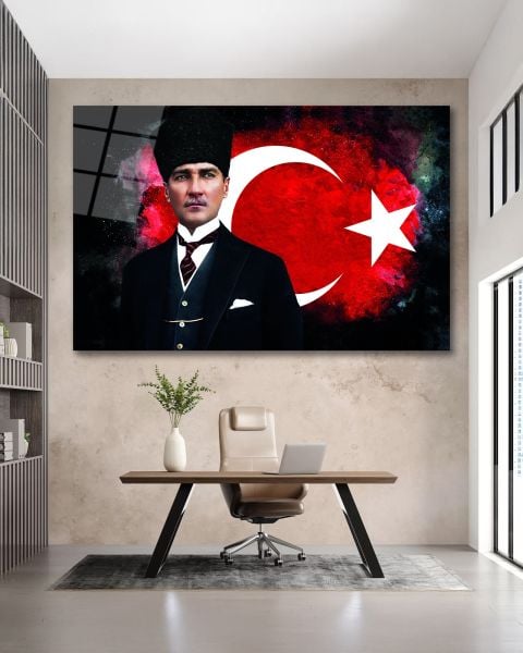 Atatürk ve Türk Bayrağı Cam Tablo