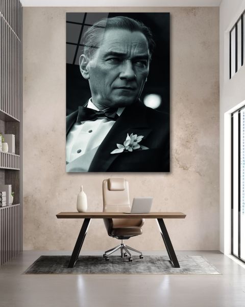 Atatürk Yan Portre Siyah Beyaz Cam Tablo