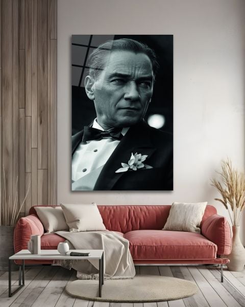 Atatürk Yan Portre Siyah Beyaz Cam Tablo