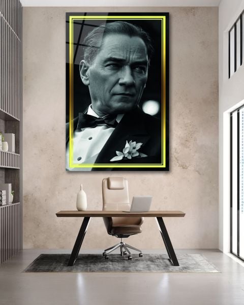 Sarı Çerçeve Görünümlü Atatürk Yan Portre Siyah Beyaz Cam Tablo