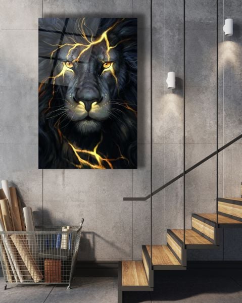 Siyah Sarı Aslan Cam Tablo