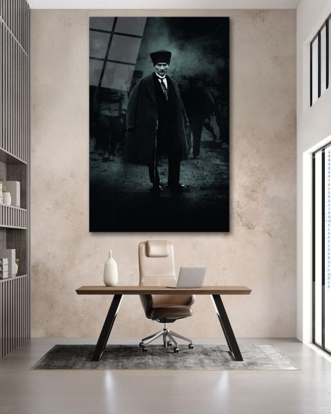 Atatürk Portre Siyah Beyaz Cam Tablo