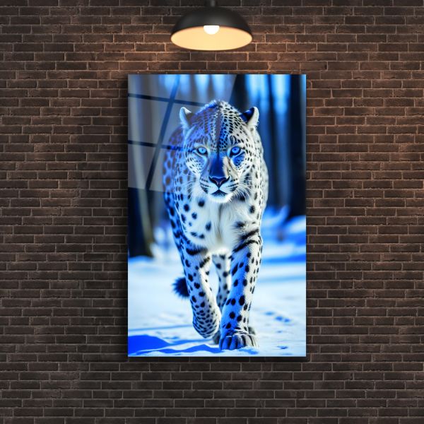 Kar Leoparı Cam Tablo