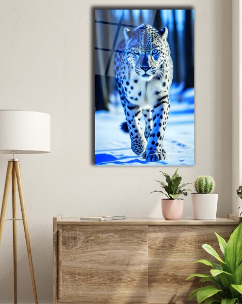 Kar Leoparı Cam Tablo