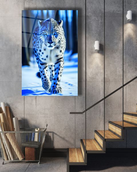 Kar Leoparı Cam Tablo