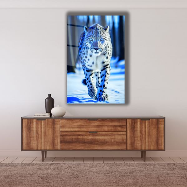 Kar Leoparı Cam Tablo