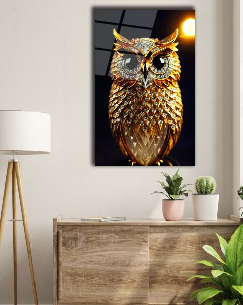 Altın Detaylı Baykuş Cam Tablo