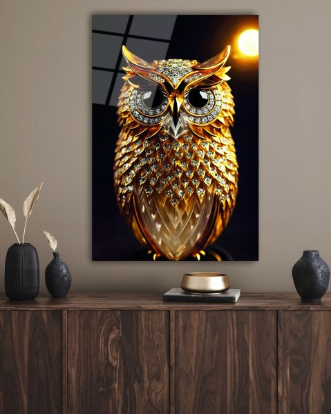 Altın Detaylı Baykuş Cam Tablo