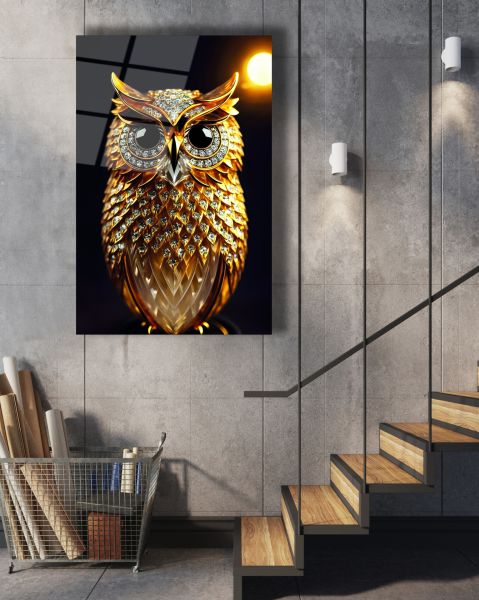 Altın Detaylı Baykuş Cam Tablo