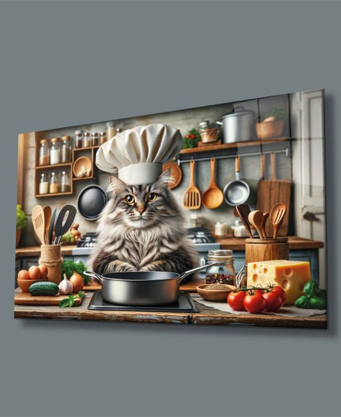 Aşçı Kedi Cam Tablo