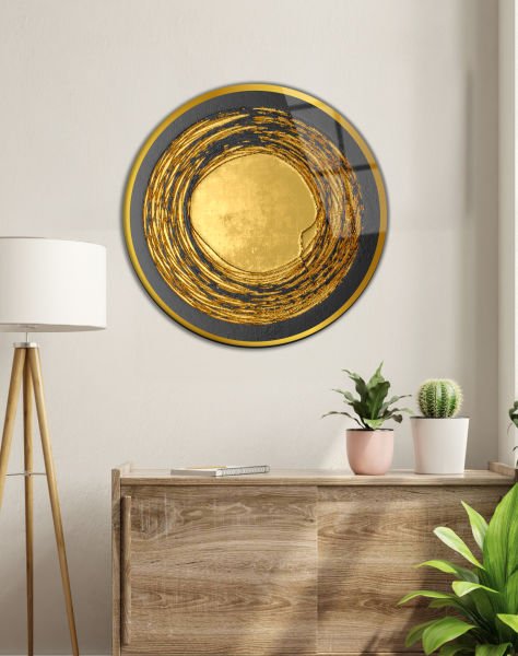 Soyut Gold Yuvarlak Cam Tablo