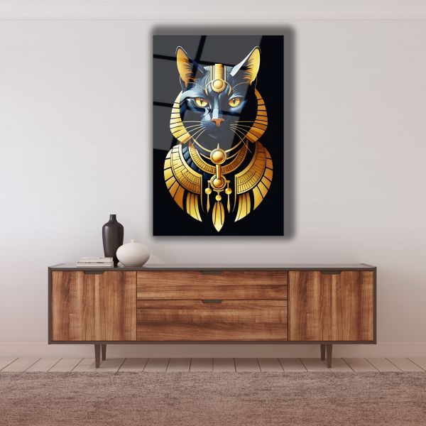 Antik Mısır Kedi Cam Tablo