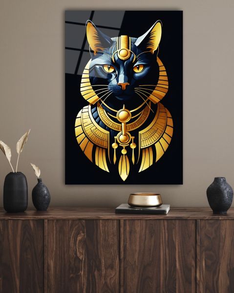 Antik Mısır Kedi Cam Tablo
