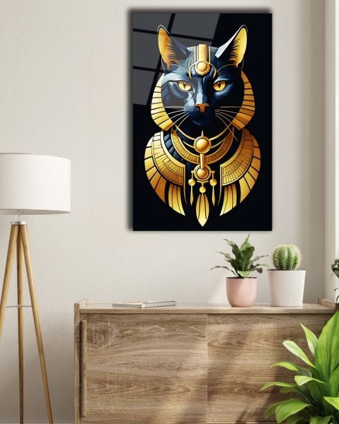Antik Mısır Kedi Cam Tablo