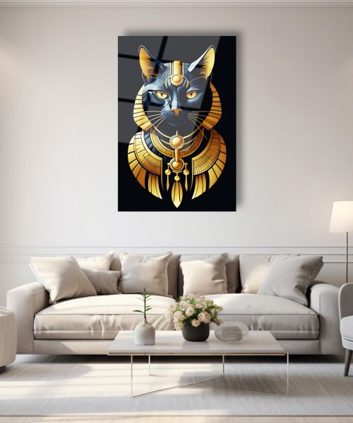 Antik Mısır Kedi Cam Tablo