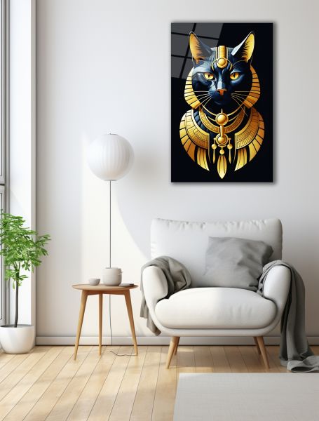 Antik Mısır Kedi Cam Tablo