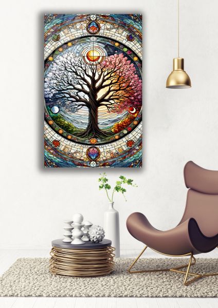 Vitray Çiçek Ağacı Cam Tablo