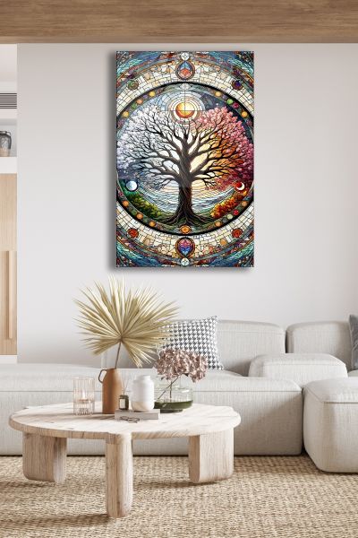 Vitray Çiçek Ağacı Cam Tablo