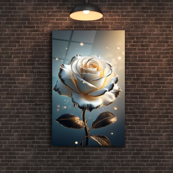 Beyaz Gül Cam Tablo