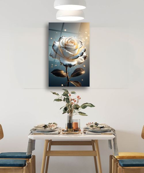 Beyaz Gül Cam Tablo