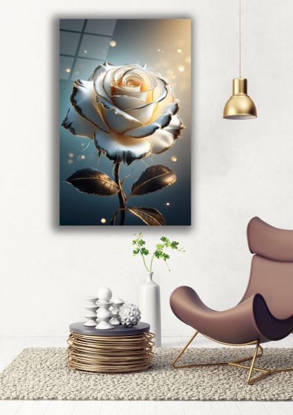 Beyaz Gül Cam Tablo