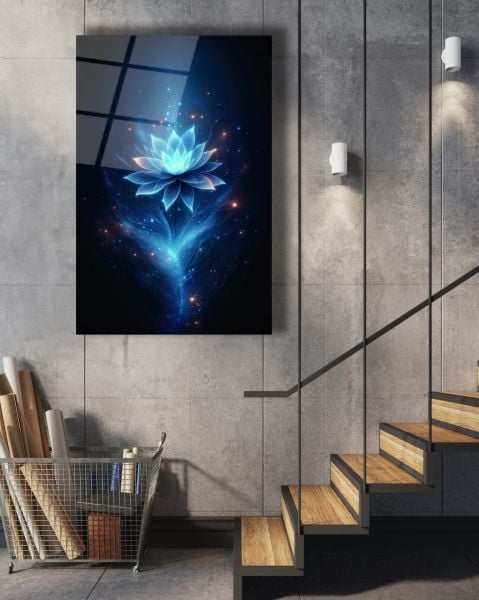 Mavi Lotus Çiçeği Cam Tablo