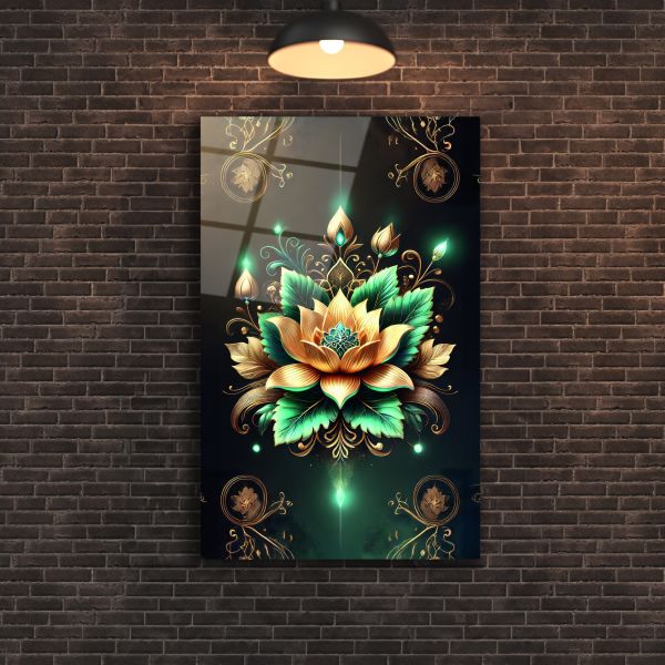 Yeşil Lotus Çiçeği Cam Tablo
