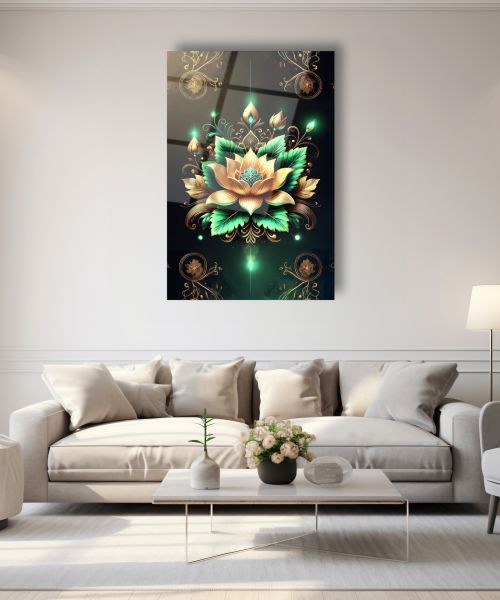 Yeşil Lotus Çiçeği Cam Tablo