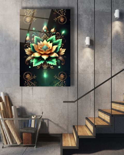 Yeşil Lotus Çiçeği Cam Tablo