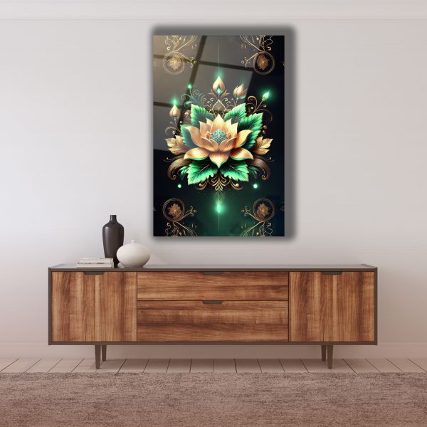 Yeşil Lotus Çiçeği Cam Tablo