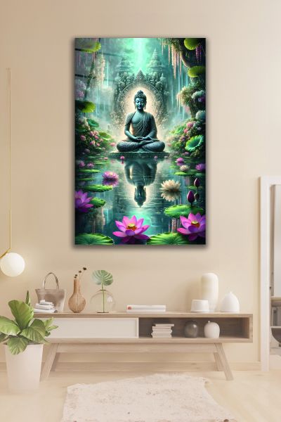 Lotus Çiçeği ve Buda Heykeli Cam Tablo