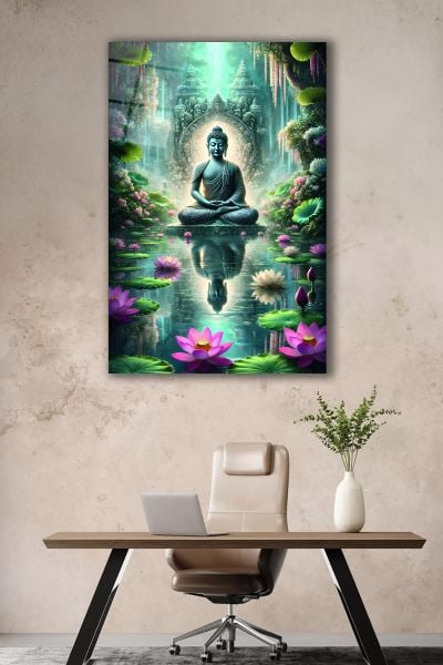 Lotus Çiçeği ve Buda Heykeli Cam Tablo