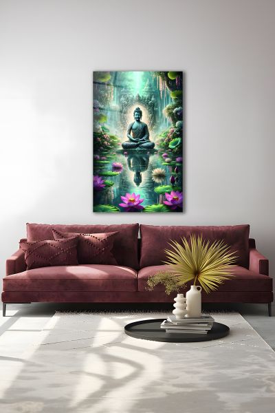 Lotus Çiçeği ve Buda Heykeli Cam Tablo
