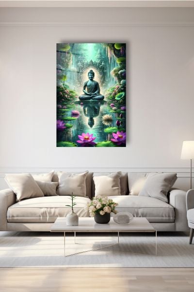Lotus Çiçeği ve Buda Heykeli Cam Tablo