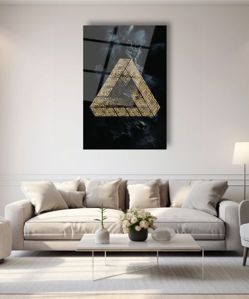 Allah ve Muhammed Kufi Hat Sanatı Penrose Üçgeni Cam Tablo 72x46 
