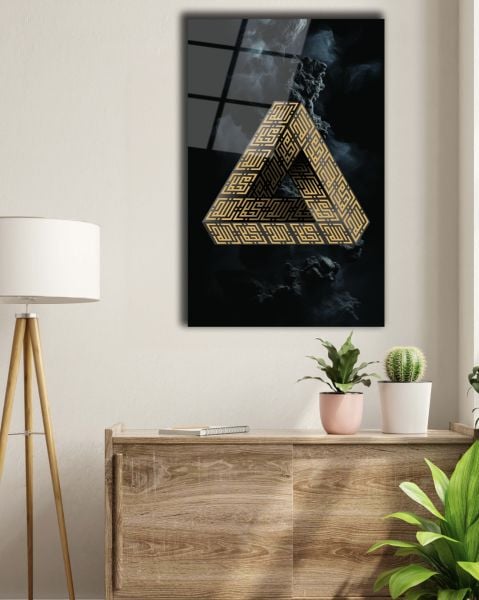 Allah ve Muhammed Kufi Hat Sanatı Penrose Üçgeni Cam Tablo 72x46 