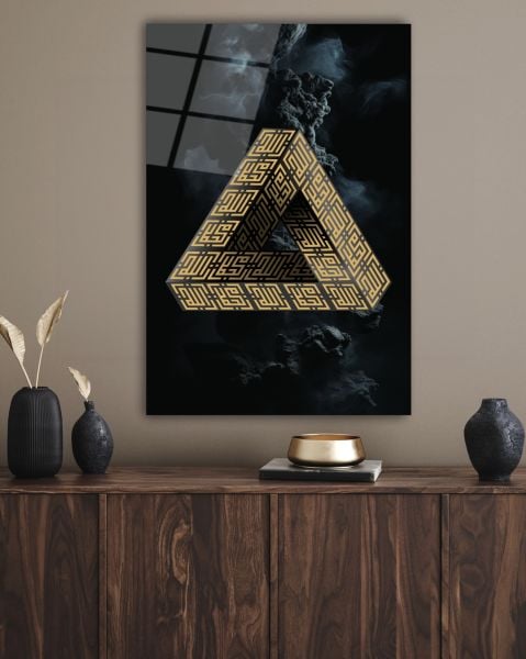 Allah ve Muhammed Kufi Hat Sanatı Penrose Üçgeni Cam Tablo 72x46 