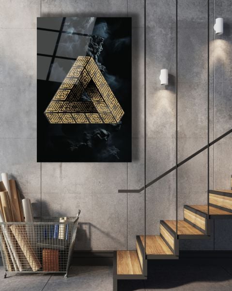 Allah ve Muhammed Kufi Hat Sanatı Penrose Üçgeni Cam Tablo 72x46 