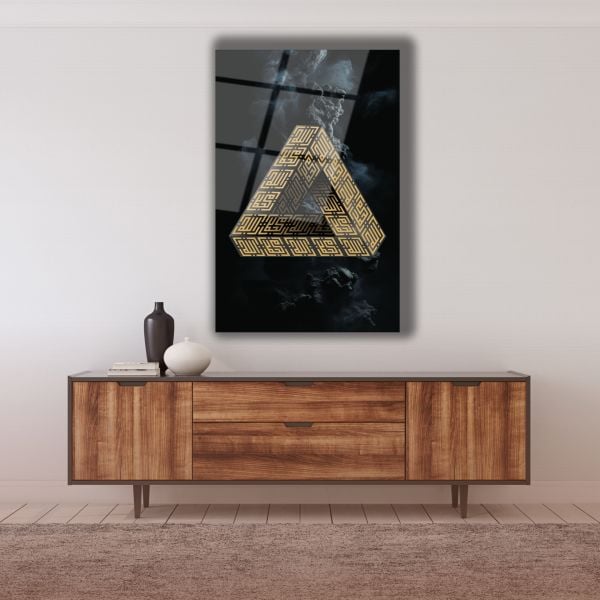 Allah ve Muhammed Kufi Hat Sanatı Penrose Üçgeni Cam Tablo 72x46 