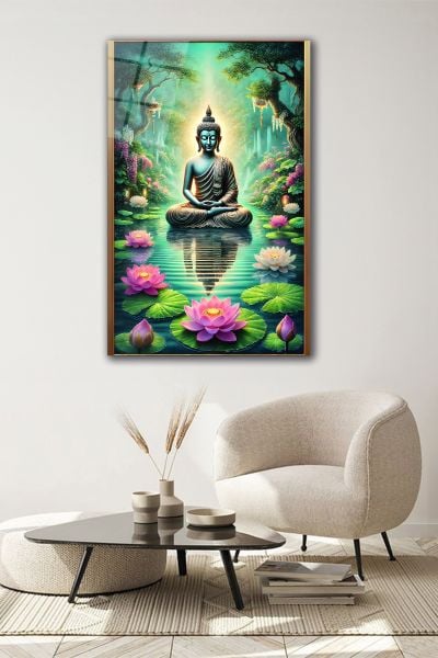 Çerçeve Görünümlü Lotus Çiçeği ve Buda Heykeli Cam Tablo