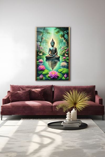 Çerçeve Görünümlü Lotus Çiçeği ve Buda Heykeli Cam Tablo