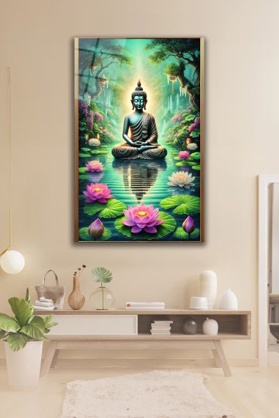 Çerçeve Görünümlü Lotus Çiçeği ve Buda Heykeli Cam Tablo