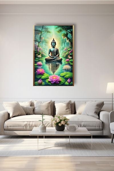 Çerçeve Görünümlü Lotus Çiçeği ve Buda Heykeli Cam Tablo