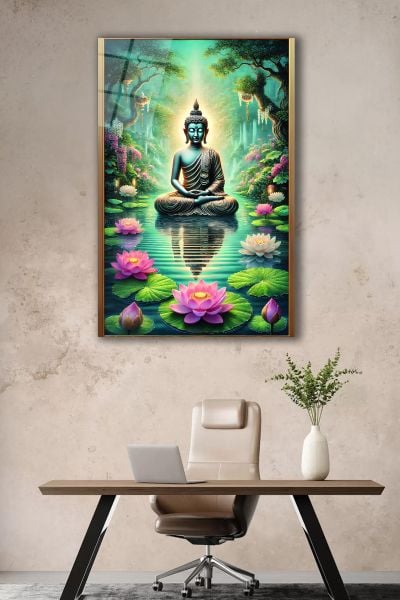 Çerçeve Görünümlü Lotus Çiçeği ve Buda Heykeli Cam Tablo