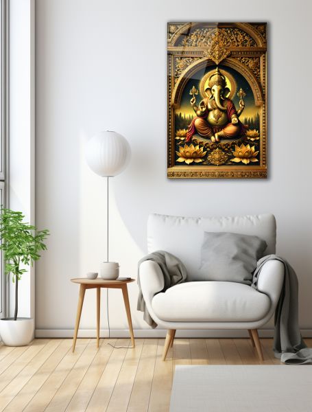 Altın Lord Ganesha Cam Tablo