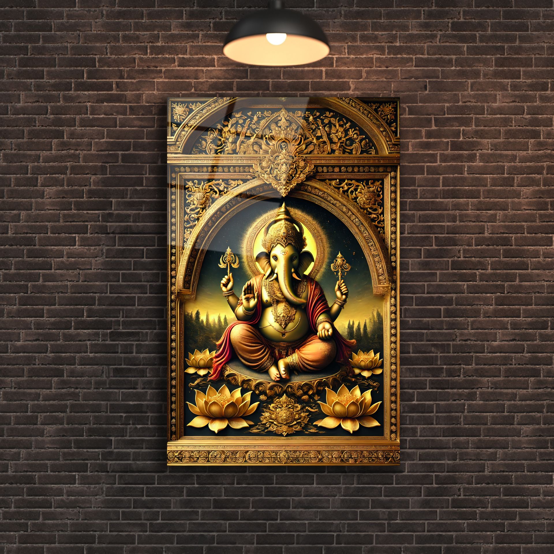 Altın Lord Ganesha Cam Tablo